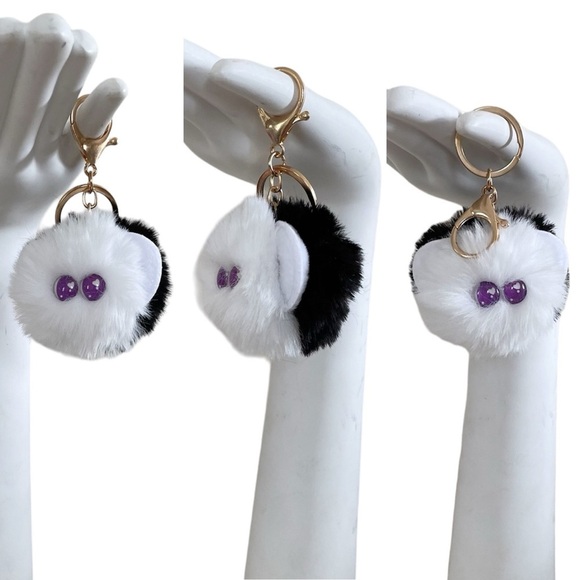 Black & White Character Fluffy Pom Pom Keychain Accessory with Purple Heart Eyes - Picture 1 of 12